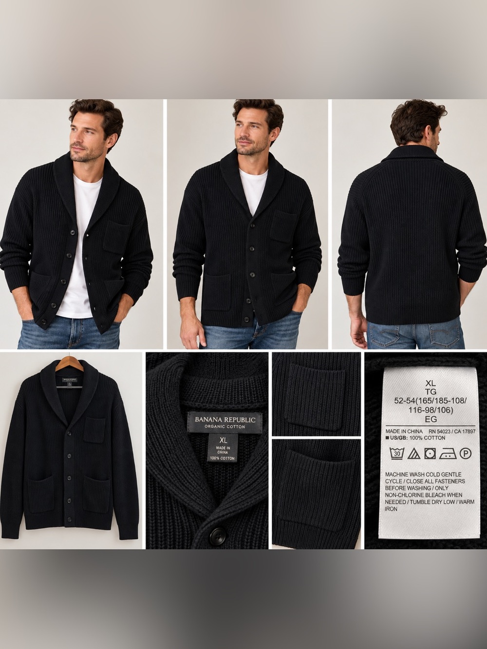 Banana Republic Men’s XL Black Organic Cotton Shawl Collar Cardigan